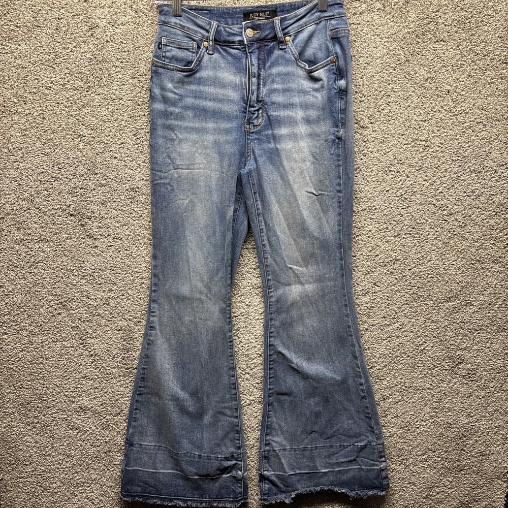 Judy Blue Flare Women's 9/29x31 Jeans Raw Frayed High Rise Light Wash Distressed